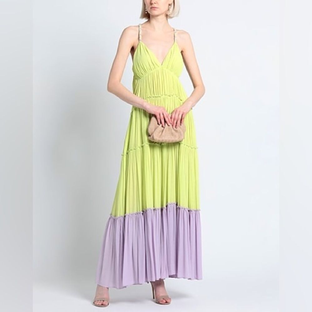 NWT SFIZIO Sz S Sleeveless Two-Tone Lime & Lavender Tiered Maxi Dress